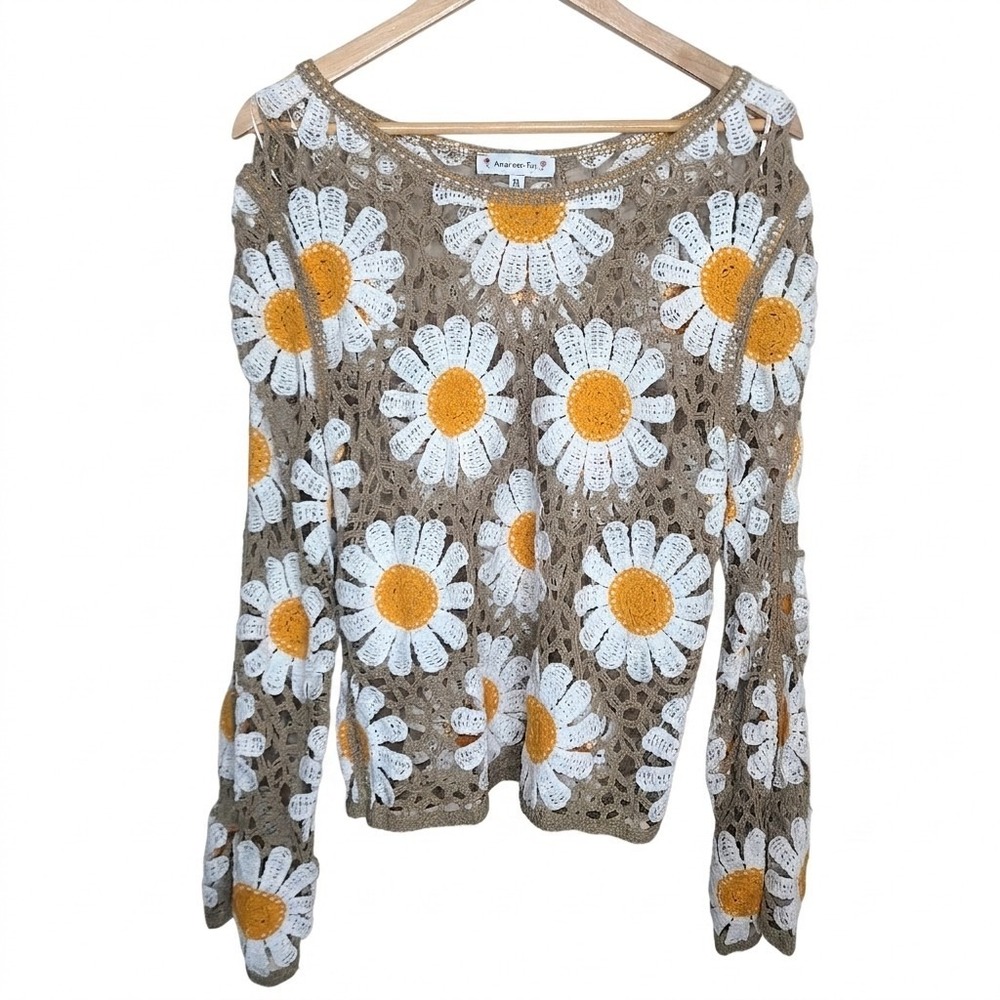 American Flirt Daisy Crocheted Knit Bell Sleeve Top Boho Hippie Size XL